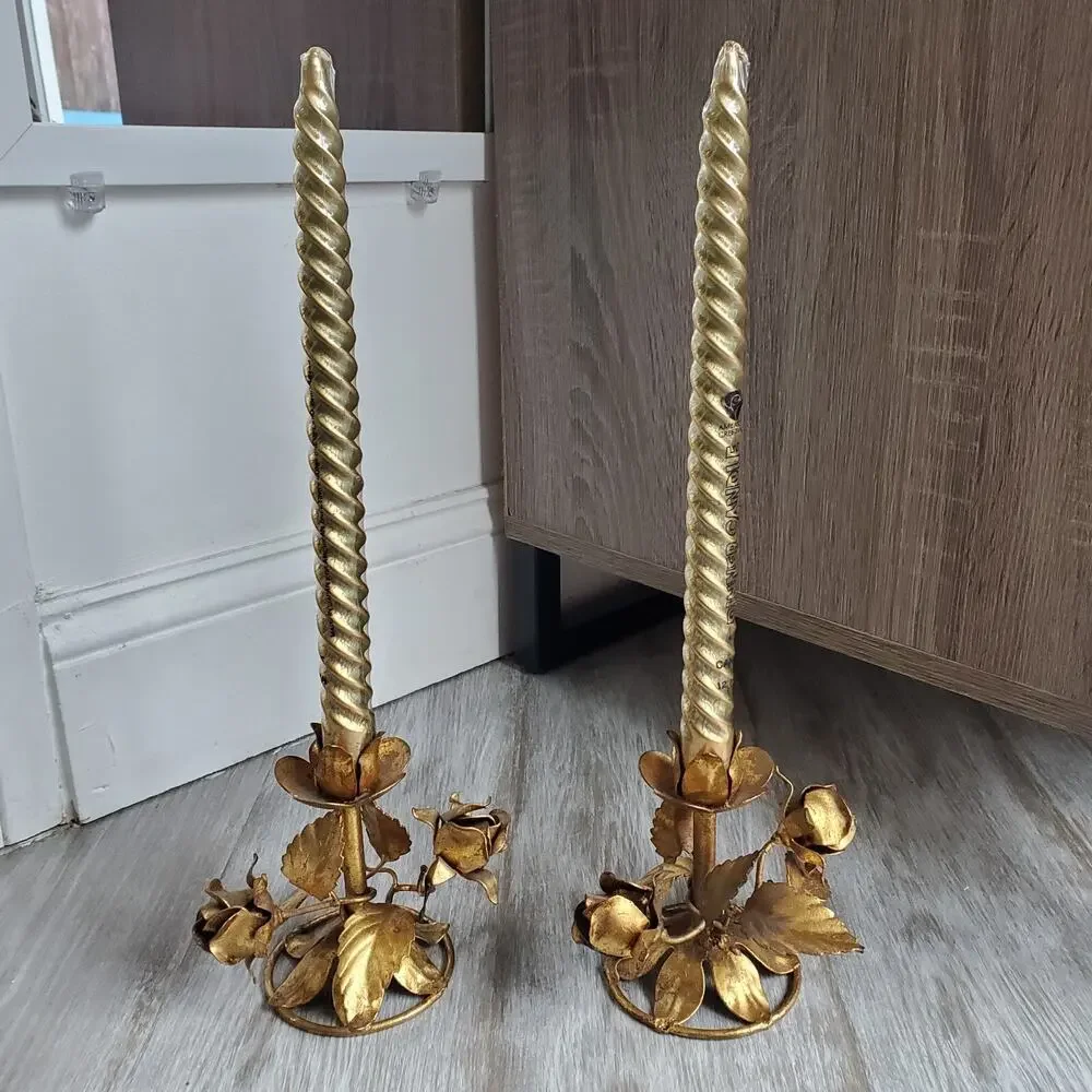 Hollywood Regency Italian Gilded Tole Candlesticks Candle Holders Set of 2